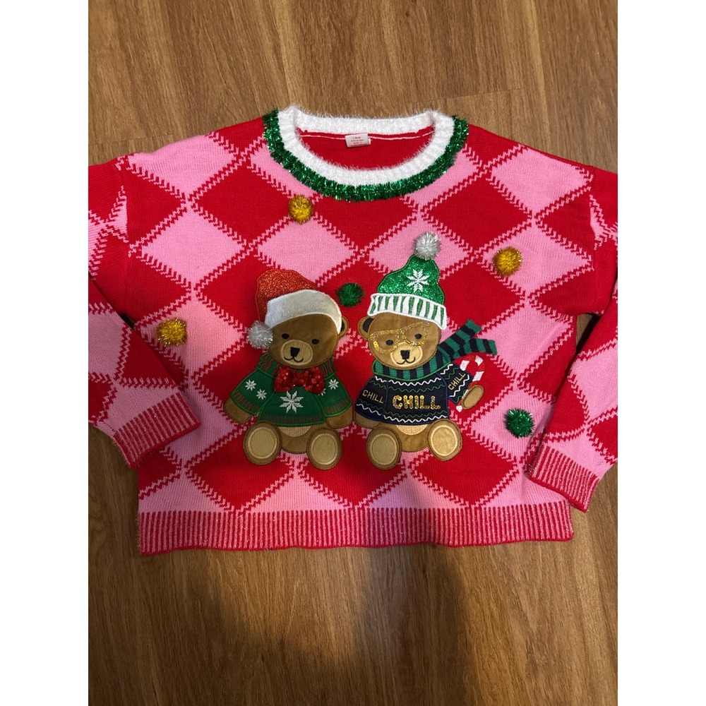 Holiday Time Womens Red Pink Argyle Teddy Bear Ugly Christmas Sweater Lg 12-14‎